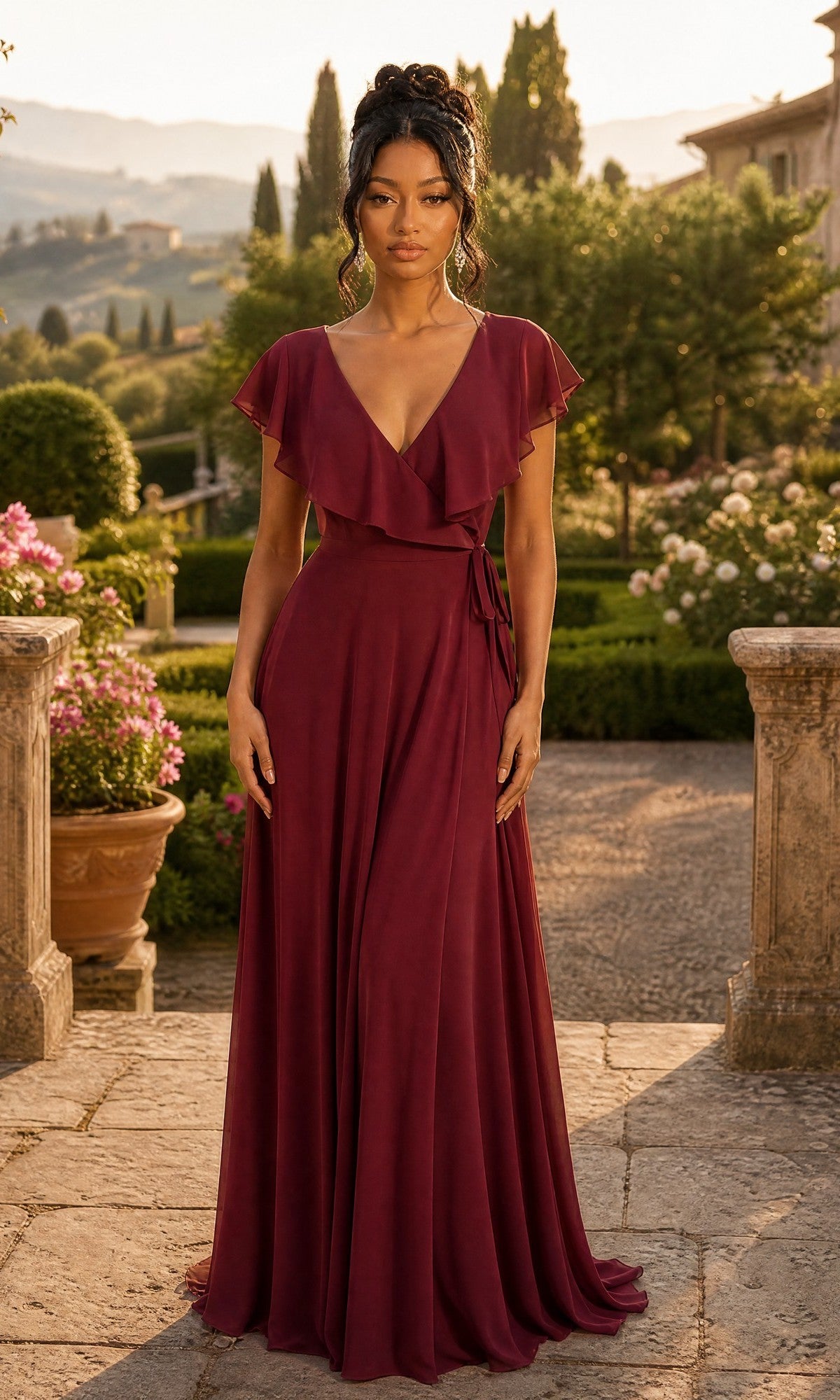 A woman stands outdoors in a garden, surrounded by greenery and flowers, wearing the Chicas C2403 Long Formal Dress in burgundy. This floor-length chiffon gown features short flutter sleeves, a V-neckline, and an elegant A-line skirt.